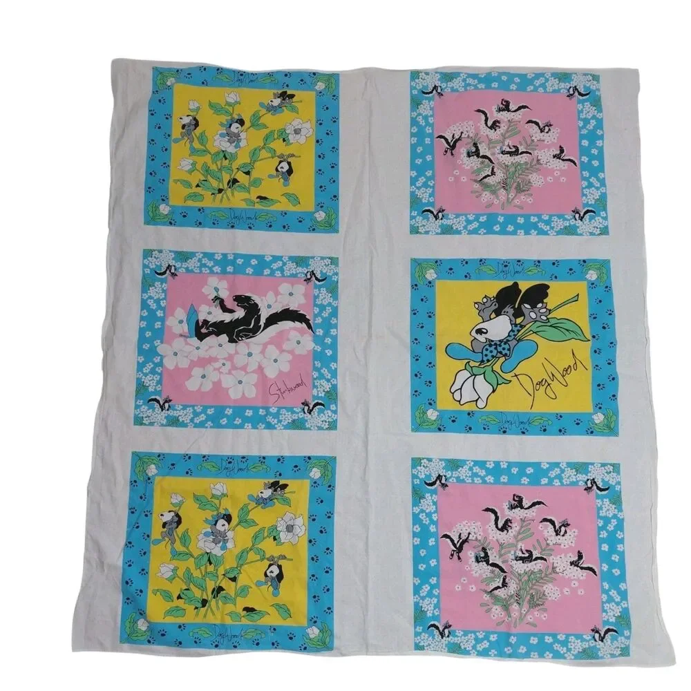 VTG Tablecloth 1960s Kitschy Skunk Dog Cotton Dogwood Stinkweed Pastel Unique
